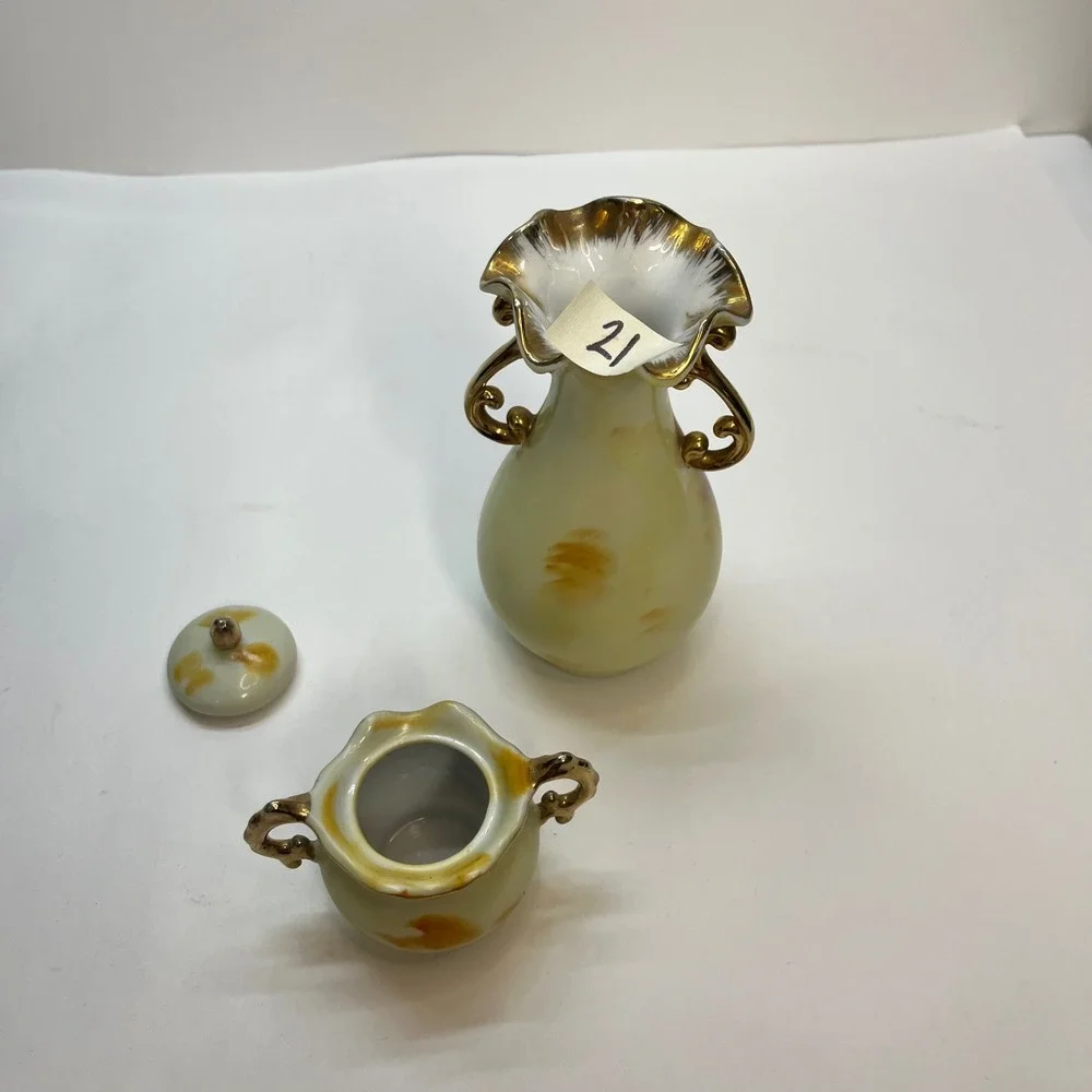 Vintage Enesco‎ Japan Ceramic Fruit Vase and Sugar Bowl Set Gold Trim E2350